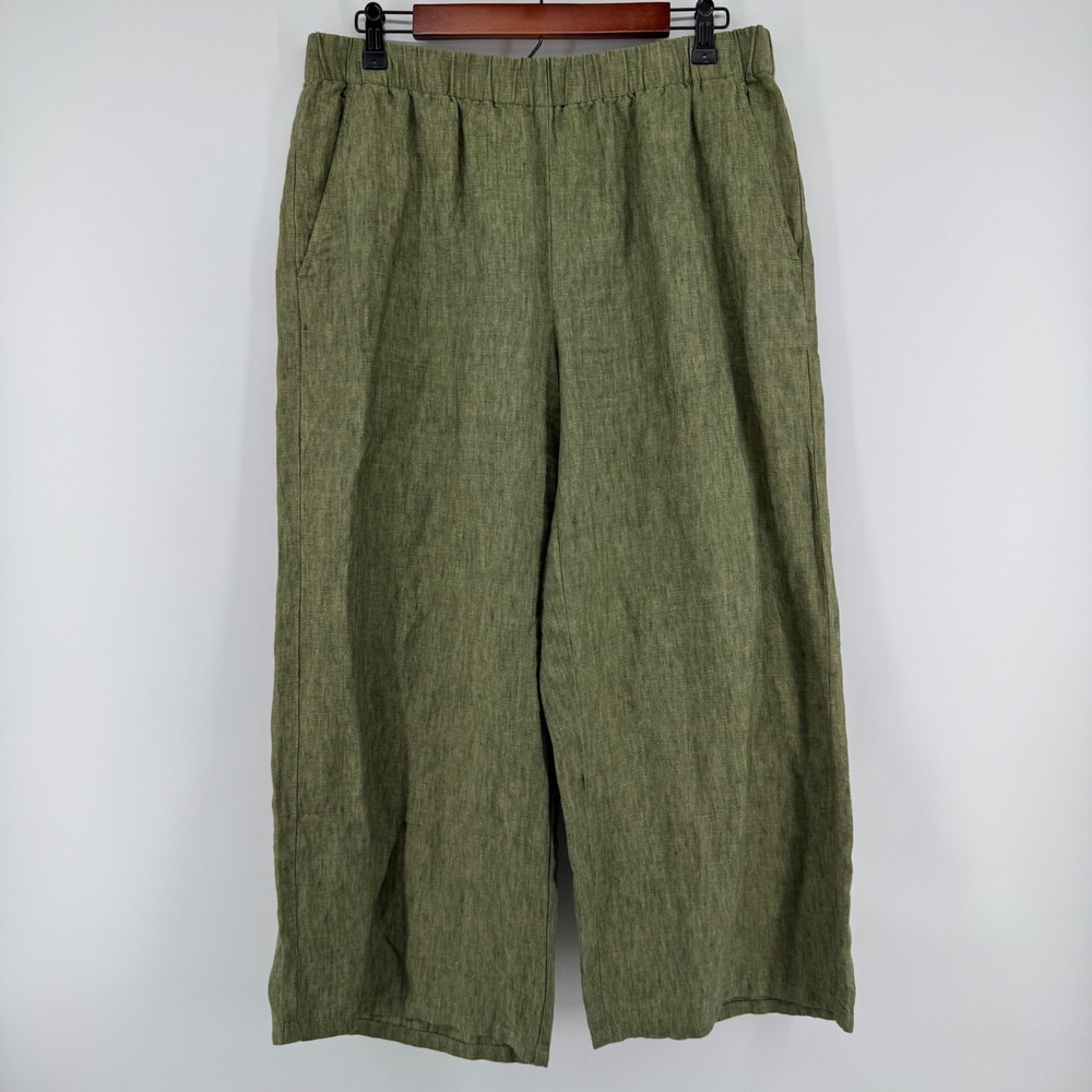Eileen Fisher Wide Leg Pants Womens M Green Organic Linen Elastic Waist Pocket